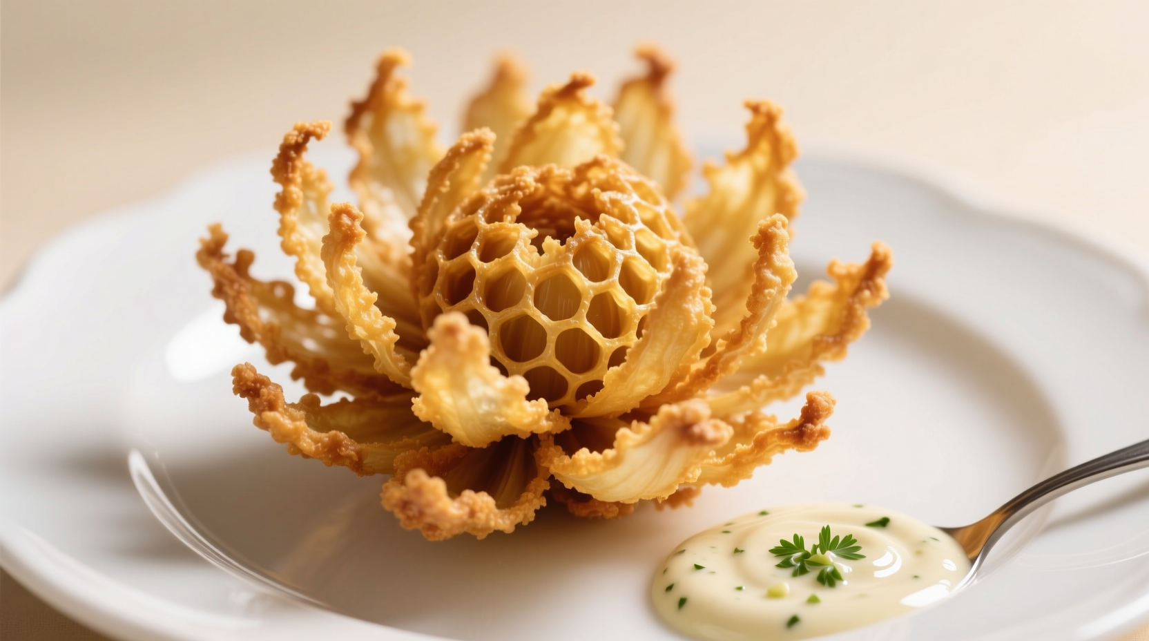 Golden fried blooming onion served on white plate with dipping sauce