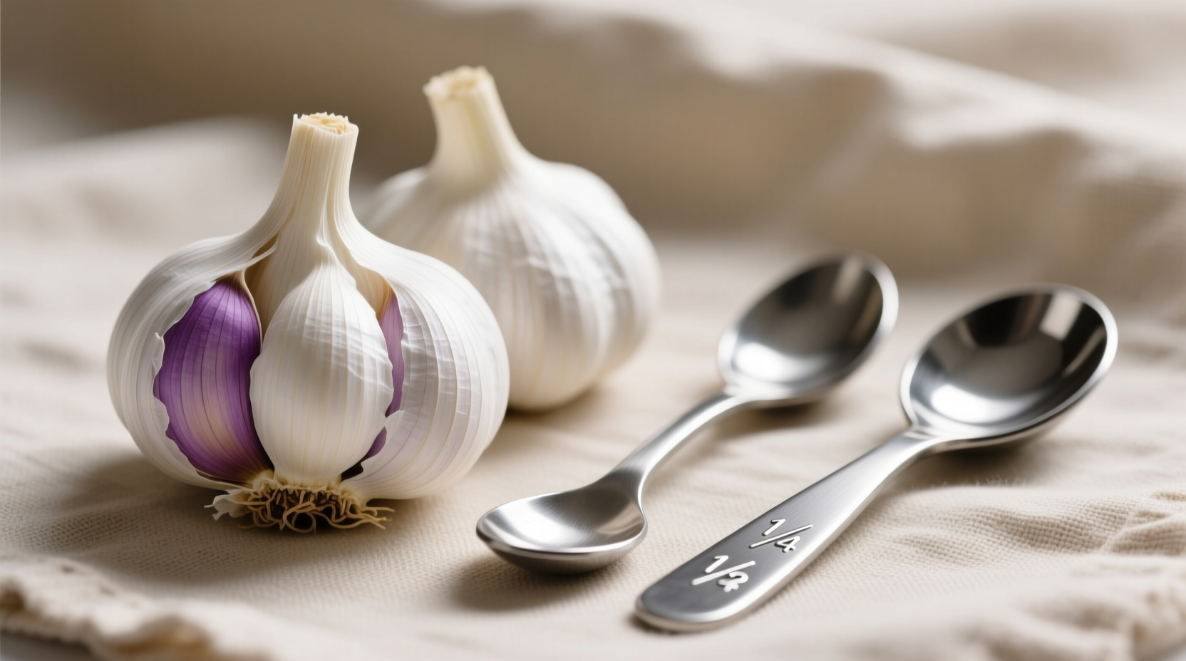 Garlic cloves next to measuring spoons for visual reference