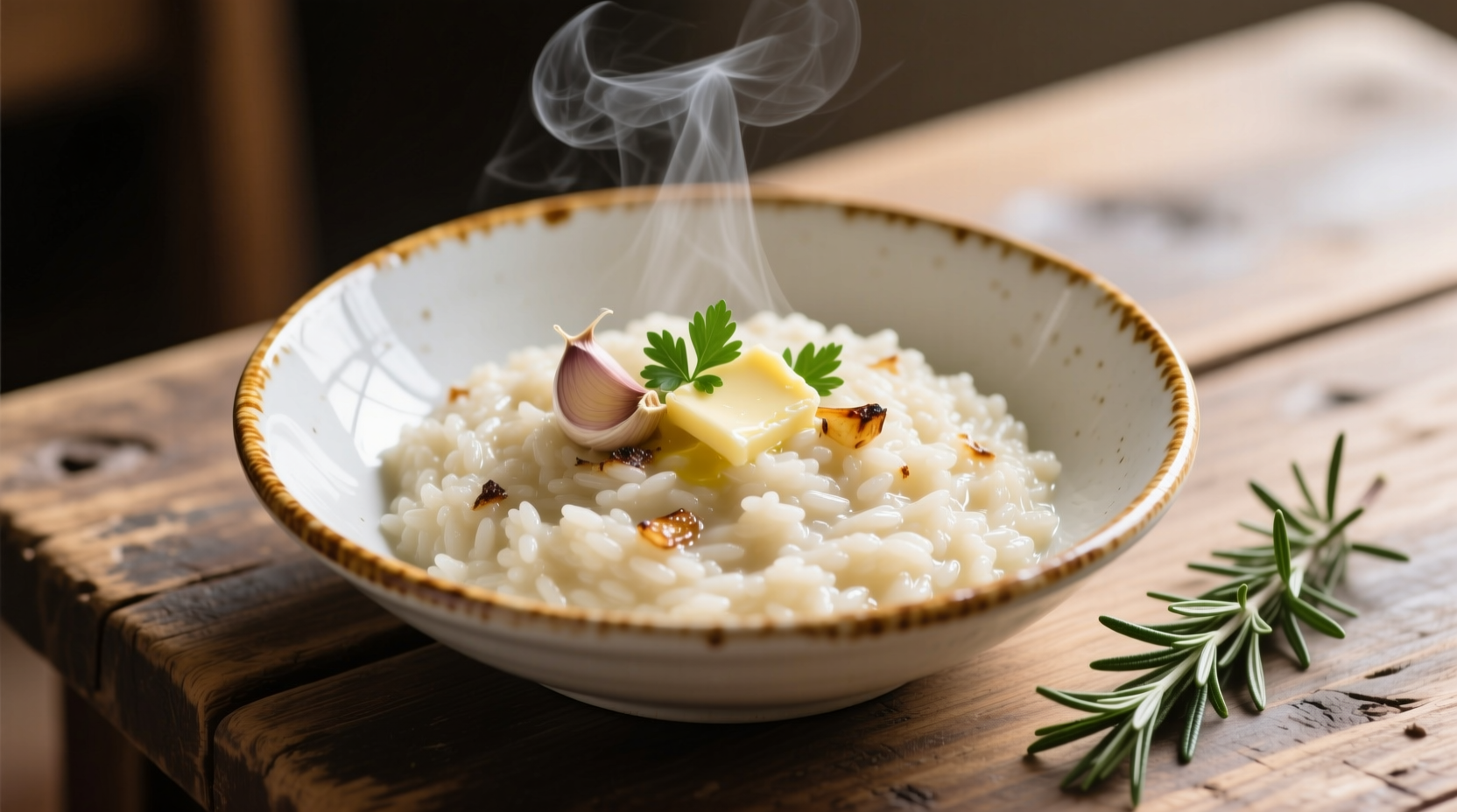 Creamy garlic risotto in white ceramic bowl