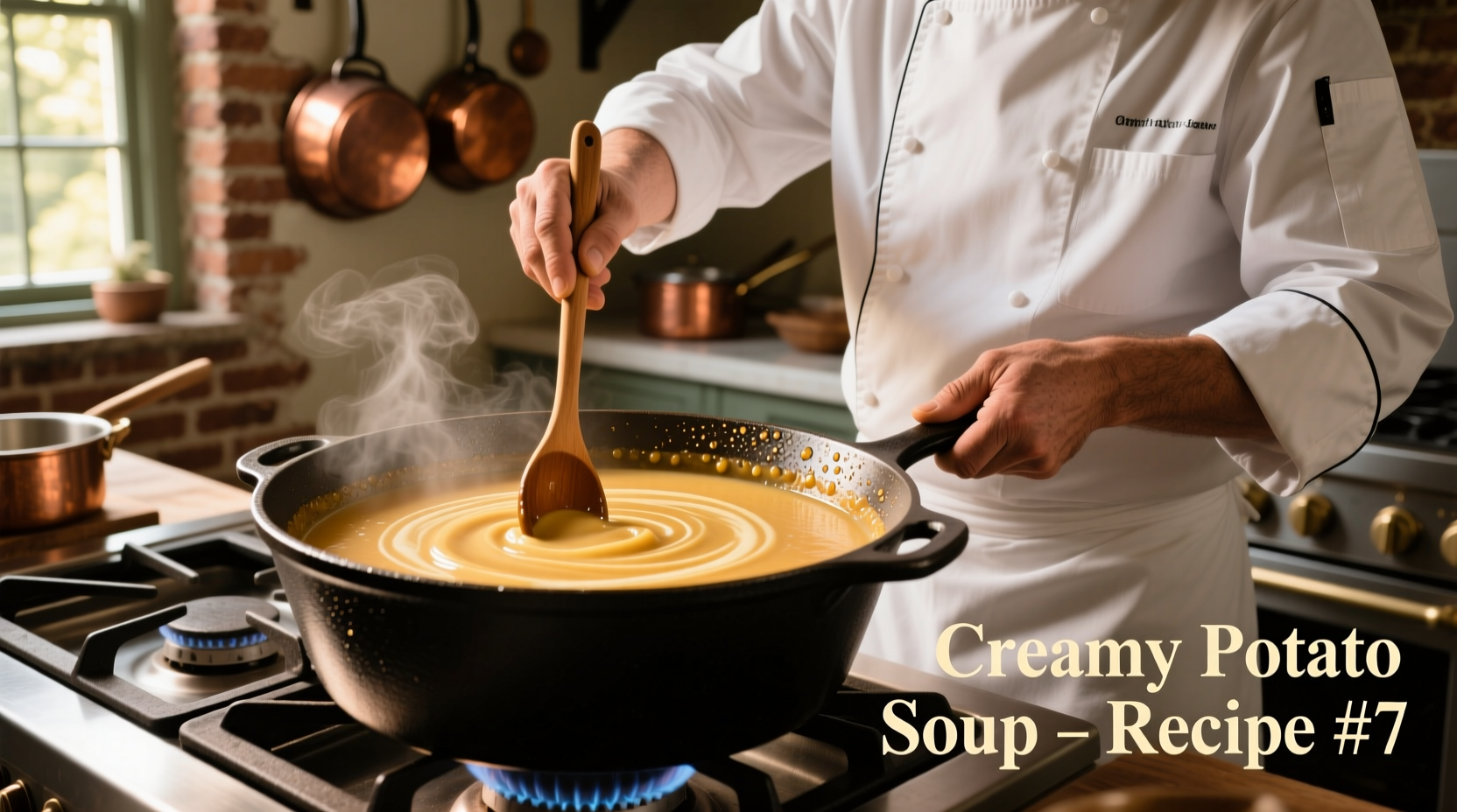 Chef stirring creamy potato soup in cast iron pot