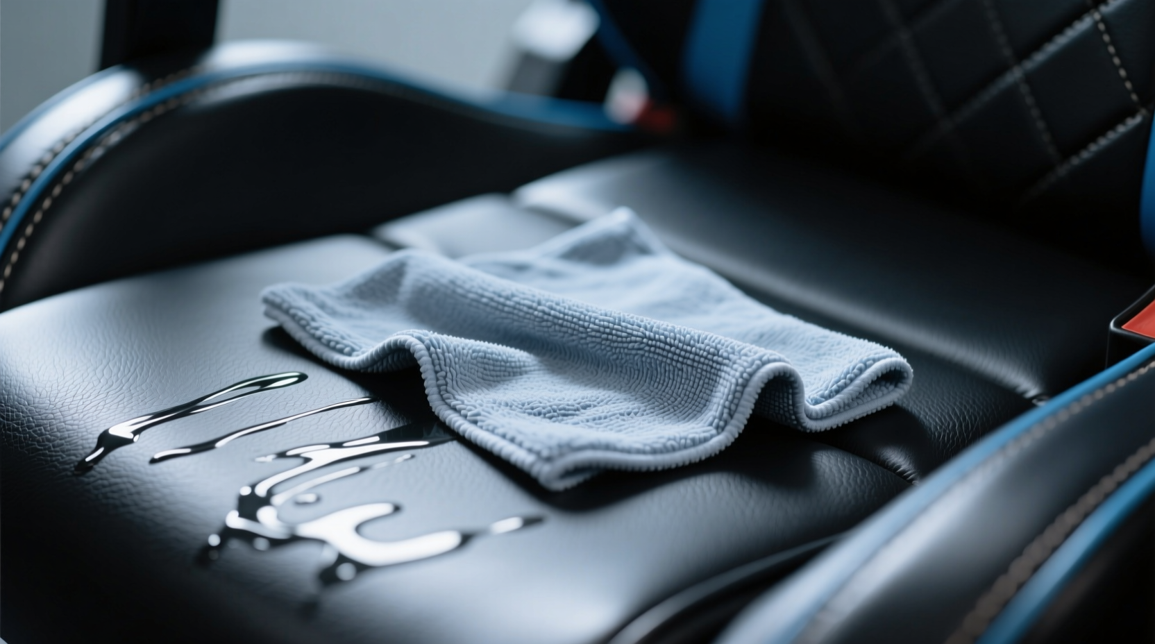 Close-up of a microfiber cloth gently wiping the seat cushion of a black PU leather gaming chair, showing directional stroke pattern and no visible moisture pooling