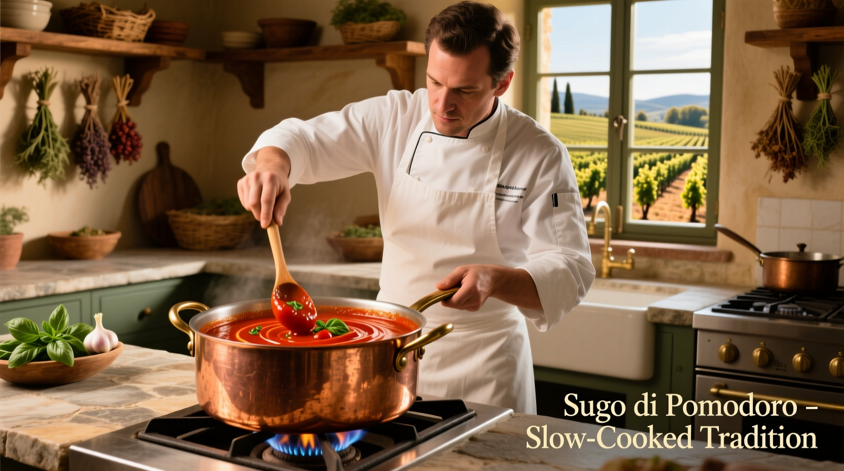 Chef stirring creamy tomato sauce in copper pot