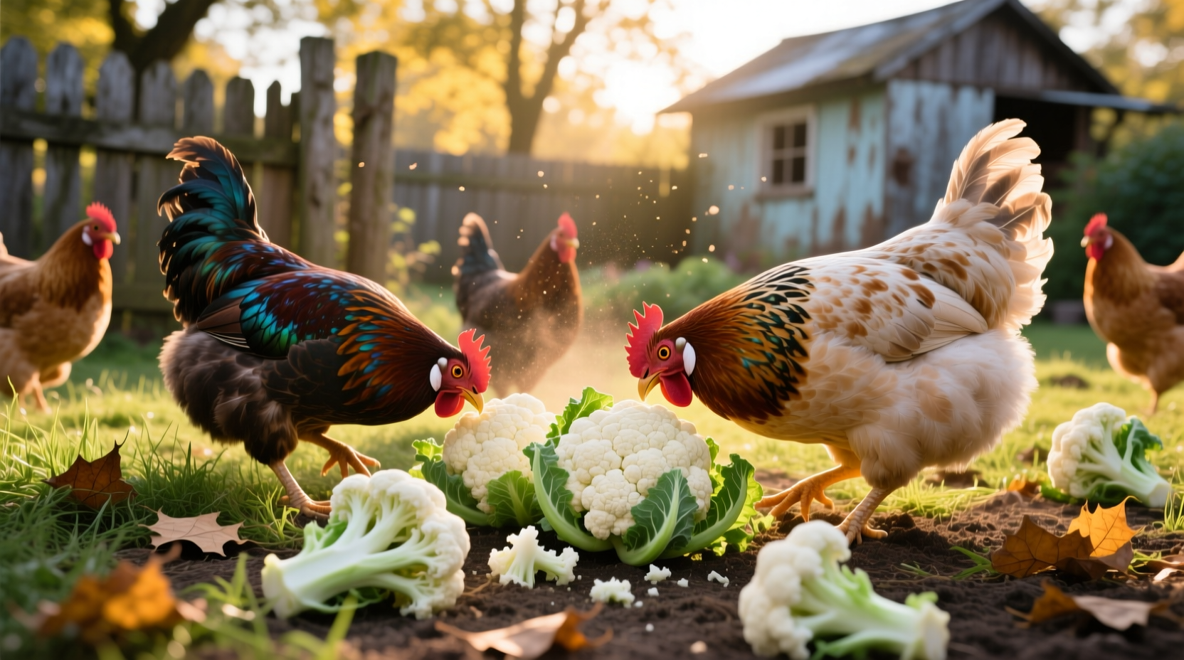 Backyard chickens pecking at fresh cauliflower florets
