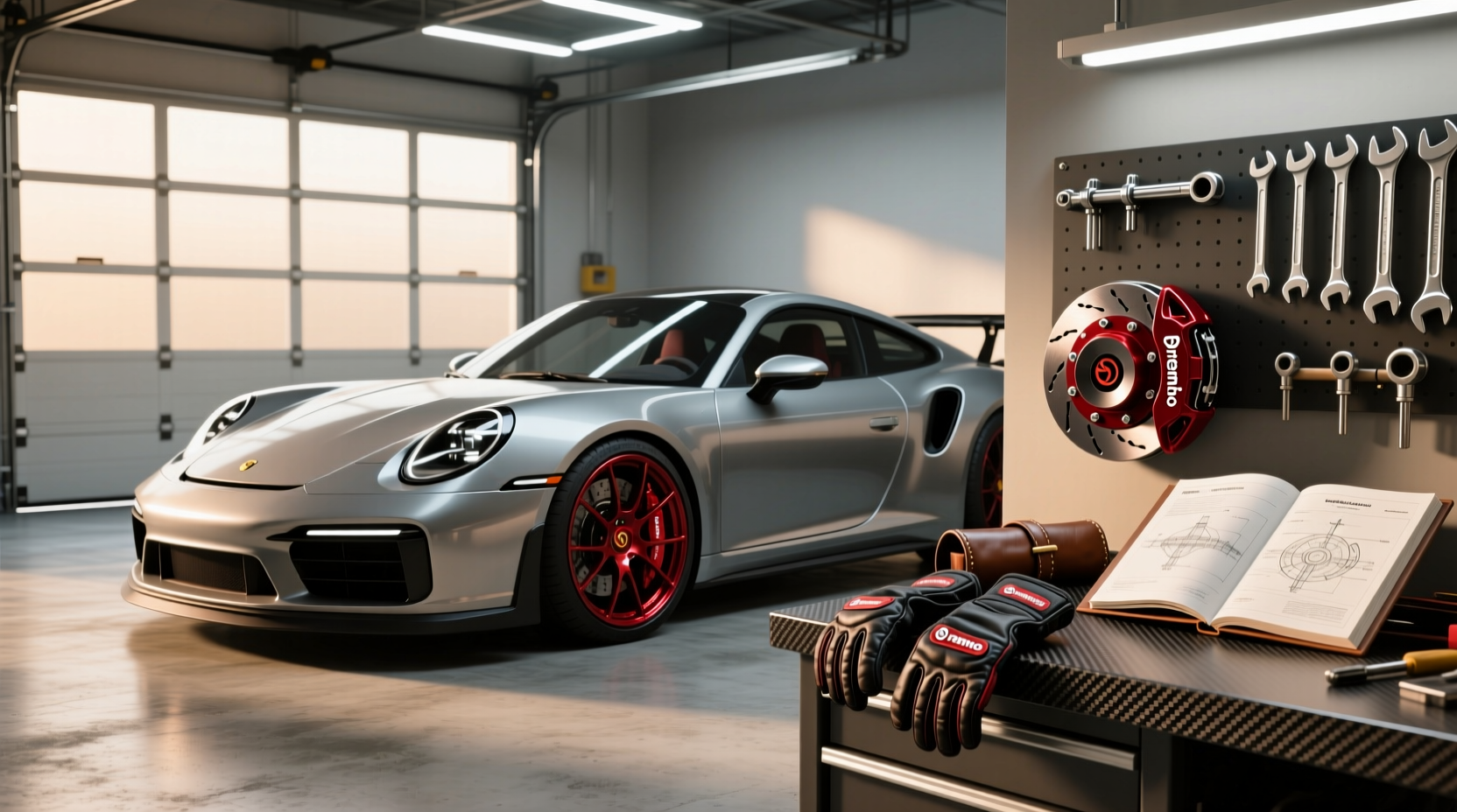 Car with black rims and red brake caliper covers visible through the spokes