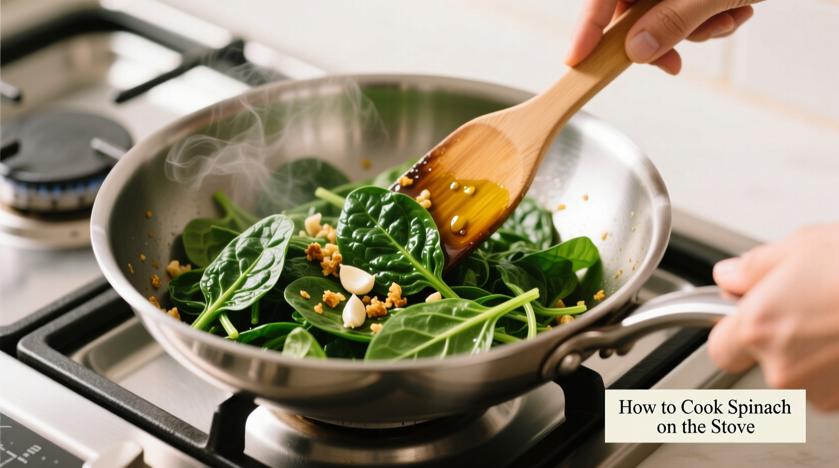 Frischer Spinat in Pfanne auf Herd