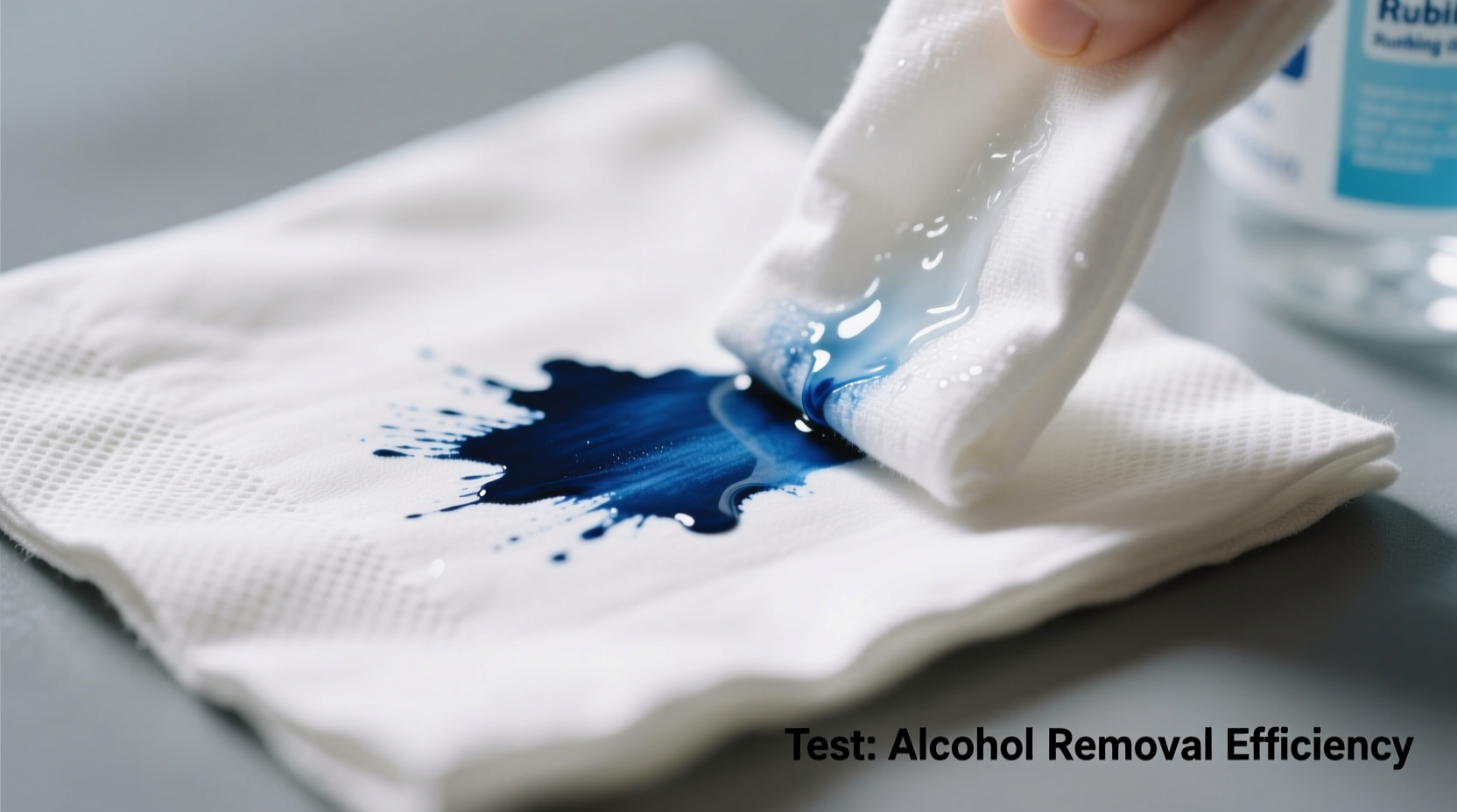 Close-up photo showing a cotton napkin with a fresh Sharpie stain, next to a white cloth dampened with rubbing alcohol being gently pressed onto the stain—no rubbing motion visible, only vertical pressure and lift