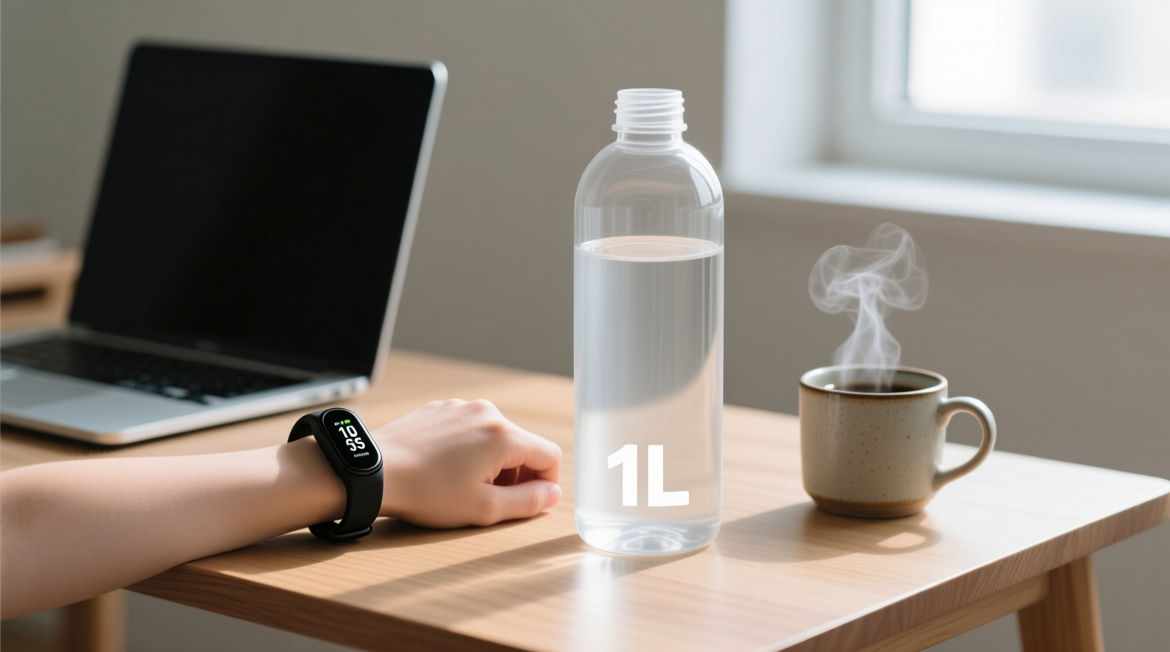 Side-by-side comparison: a sleek fitness tracker on a wrist next to a simple, labeled 1-liter water bottle on a desk—both within easy reach of a laptop and coffee mug, illustrating integrated, low-tech hydration support.