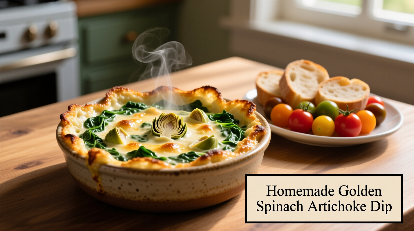 Perfect golden spinach artichoke dip with toasted edges