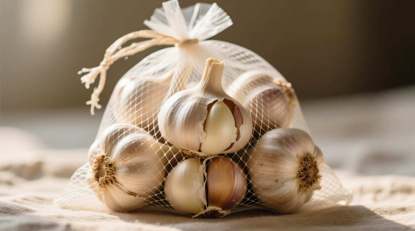 Fresh garlic bulbs in mesh storage bag