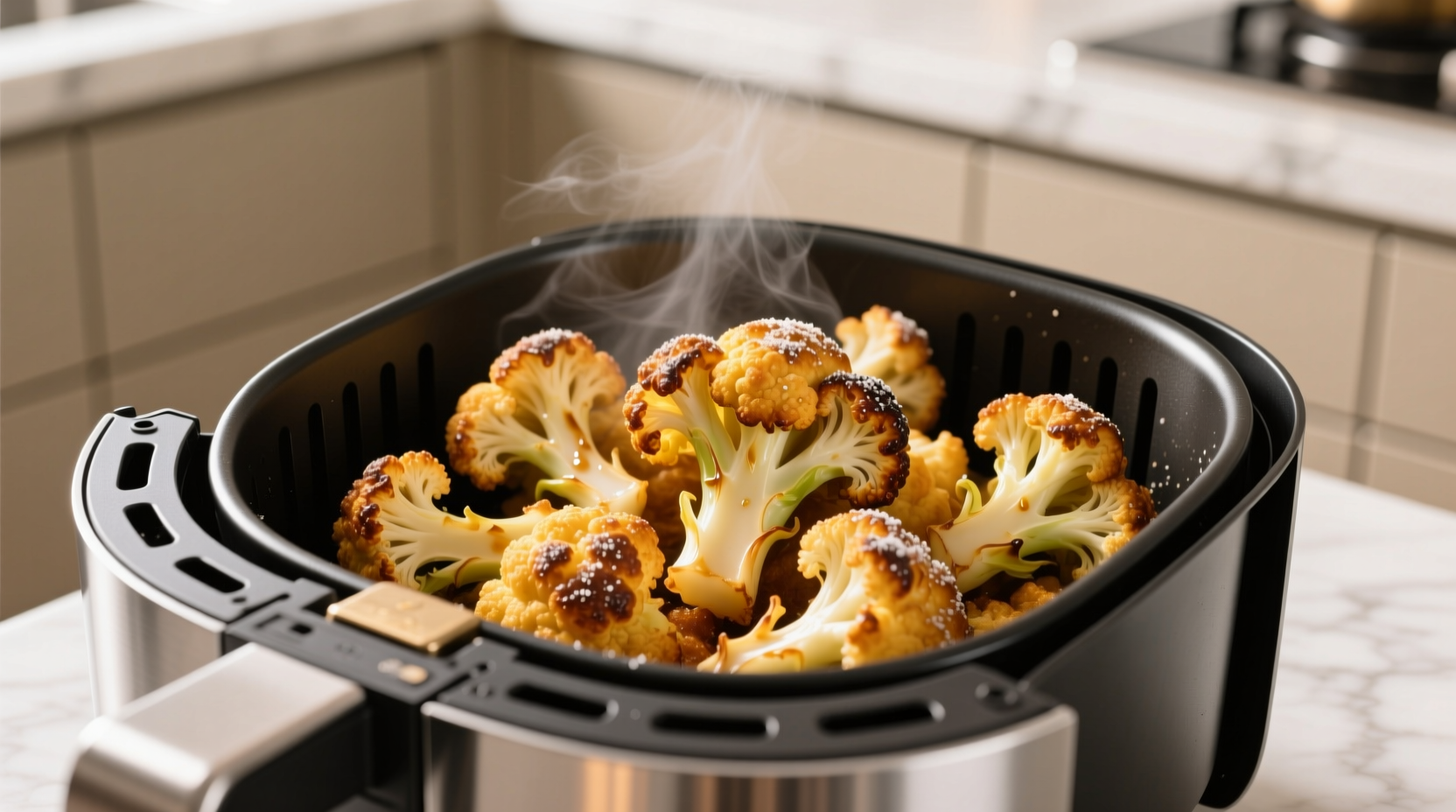 Golden brown crispy cauliflower florets in air fryer basket