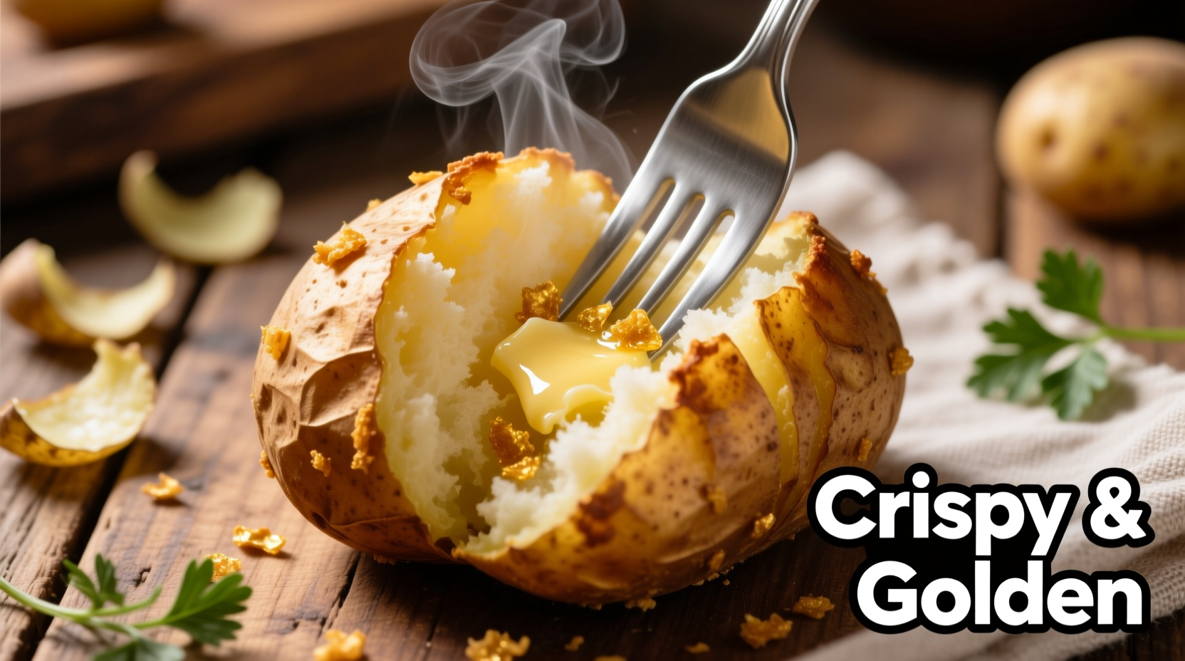 Golden brown crispy baked potato with fork