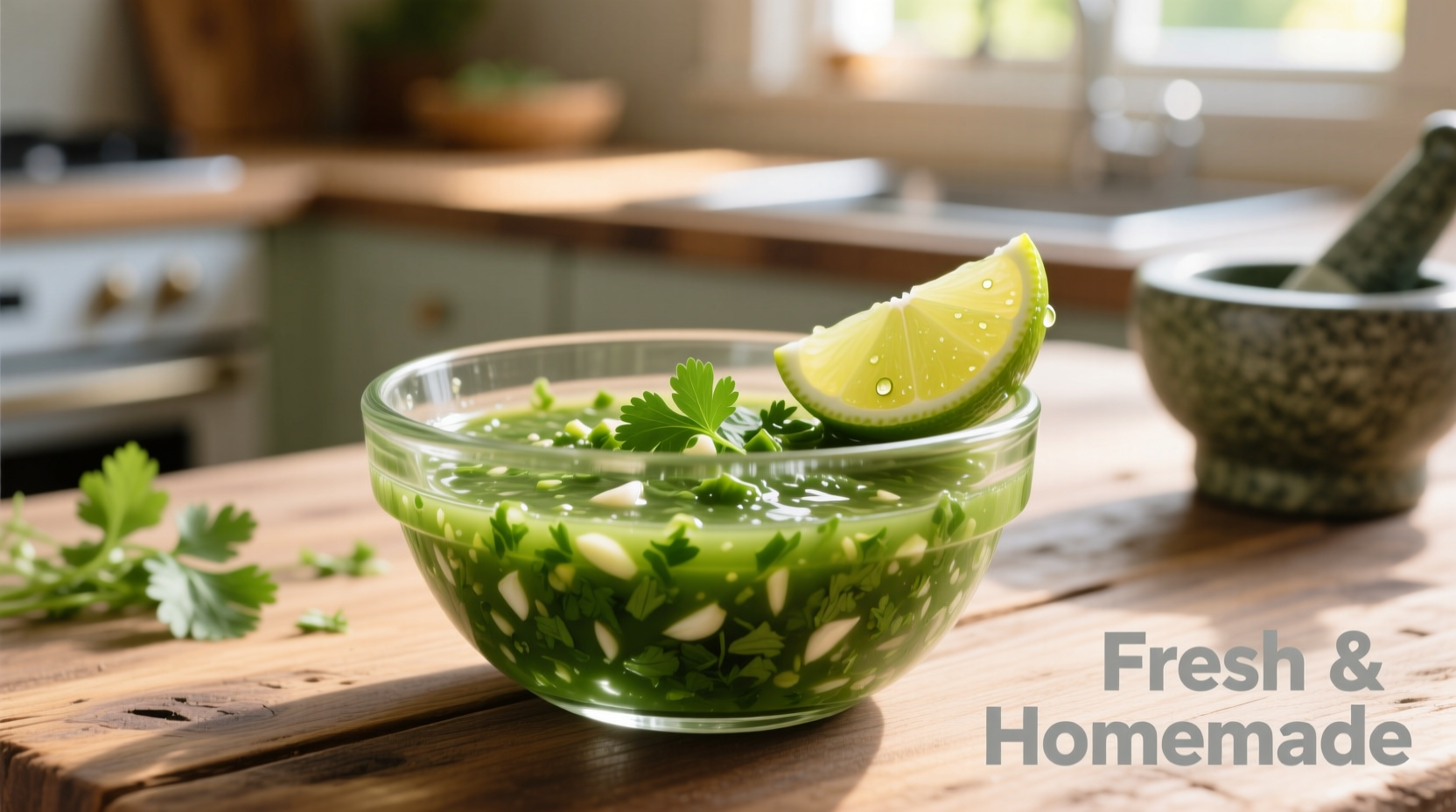 Homemade garlic cilantro sauce in glass bowl with lime wedge