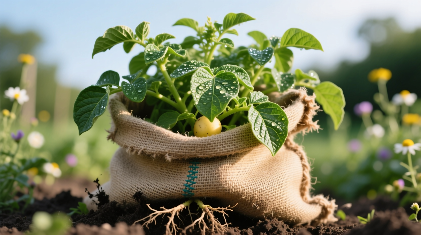 Potato plant growing in fabric bag with green foliage
