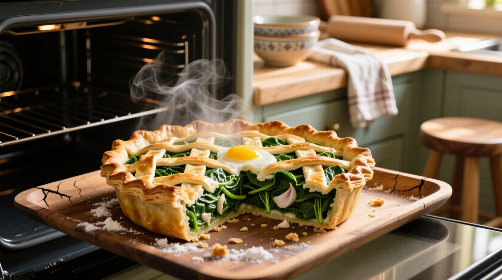 Golden brown spinach pie fresh from oven