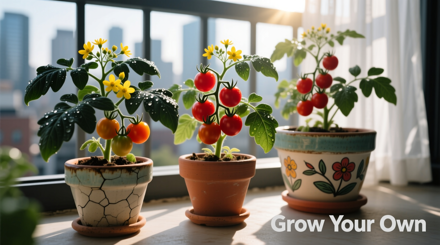 Dwarf tomato plants growing in containers on a sunny balcony