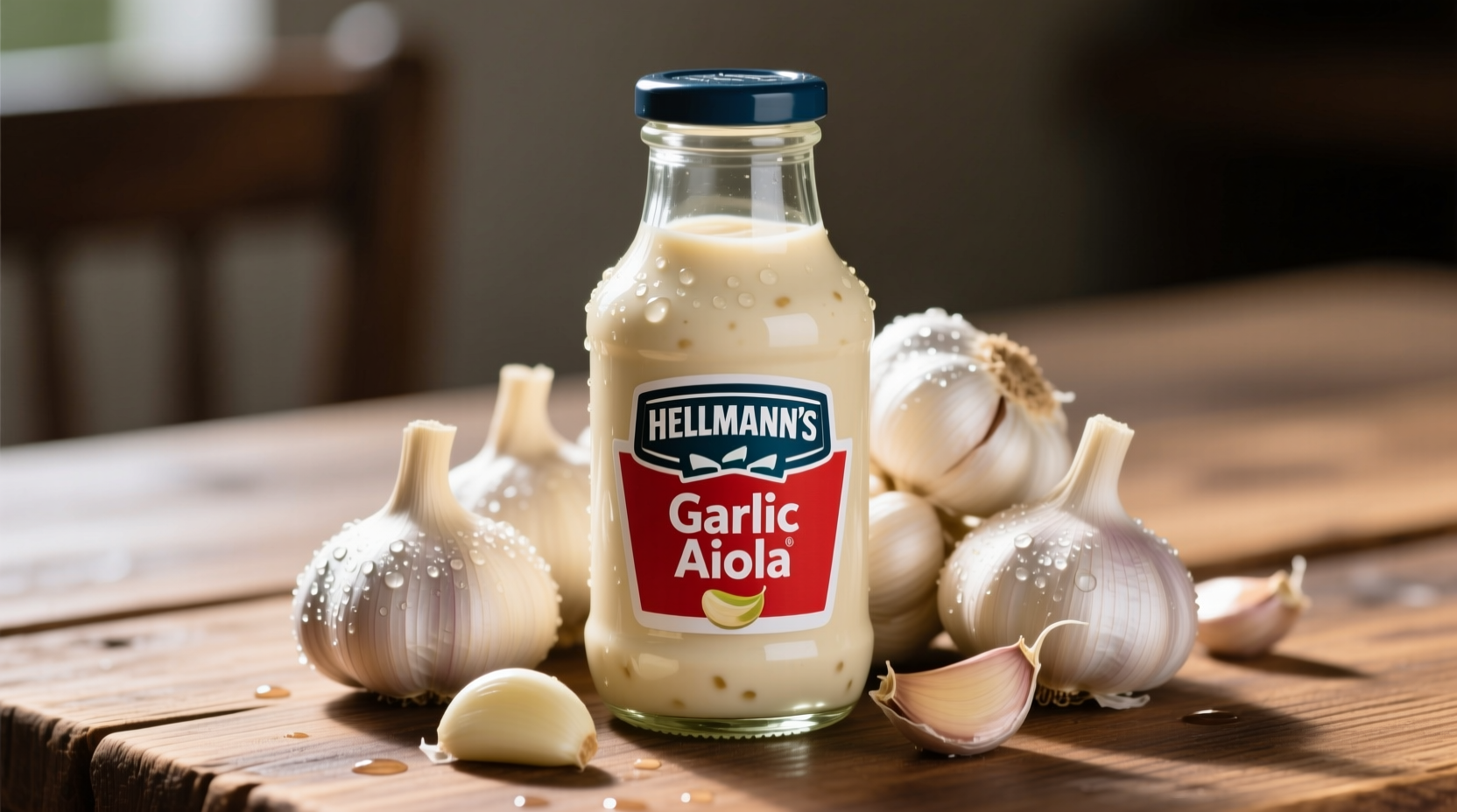 Hellmann's garlic aioli bottle with fresh garlic cloves
