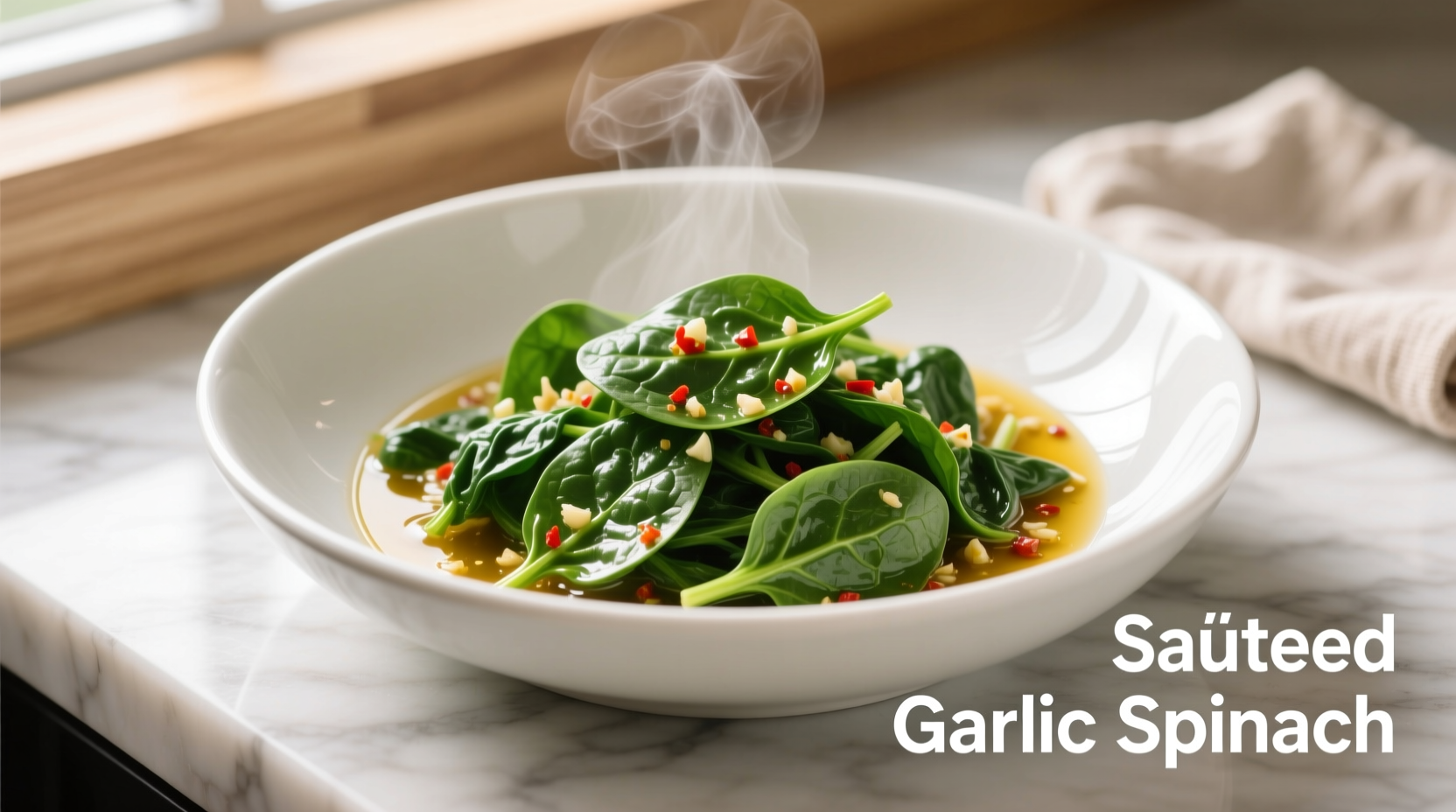 Perfectly sautéed garlic spinach in white ceramic bowl