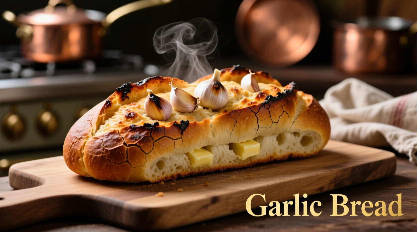 Freshly baked garlic bread with golden crust and visible garlic pieces