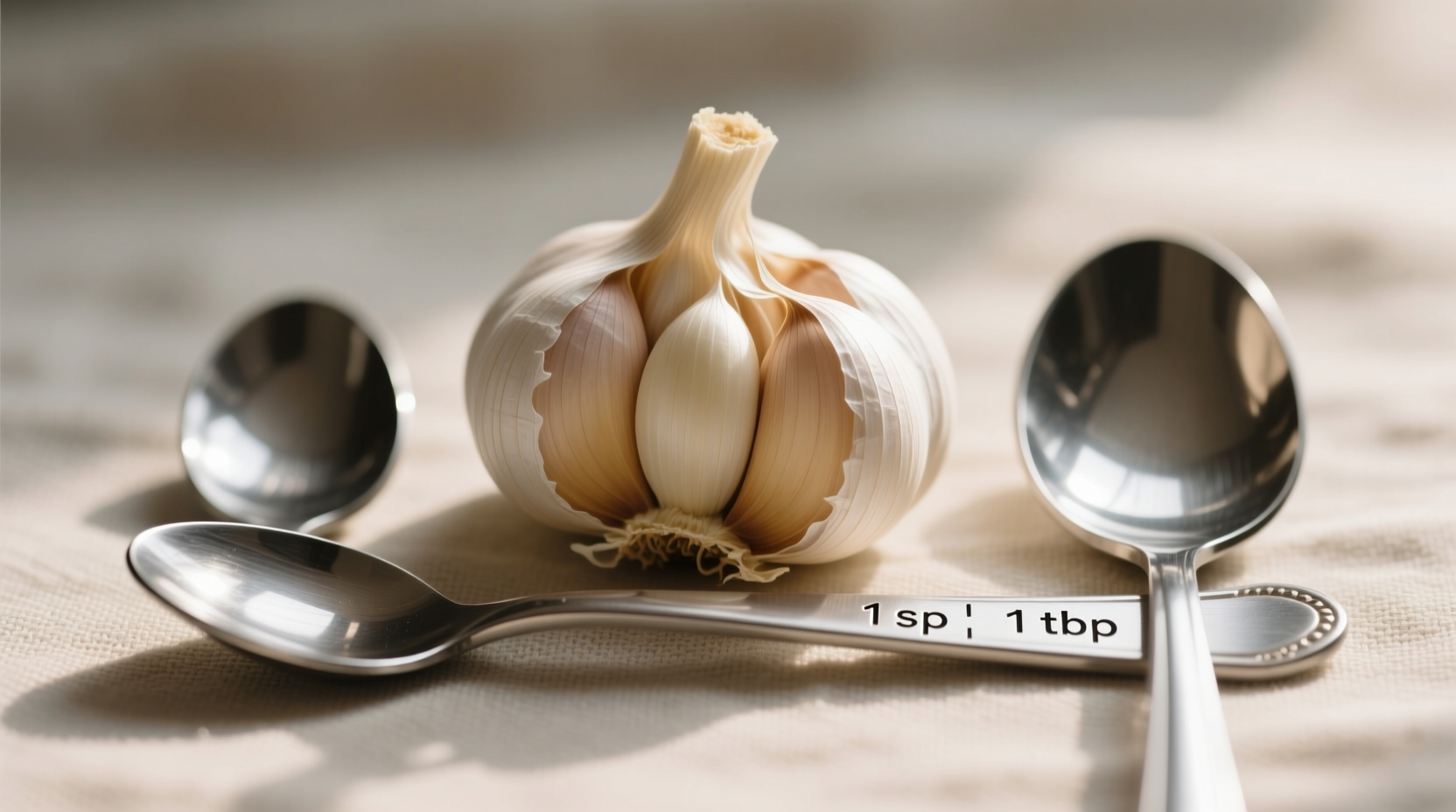 Garlic cloves next to teaspoon and tablespoon measurements