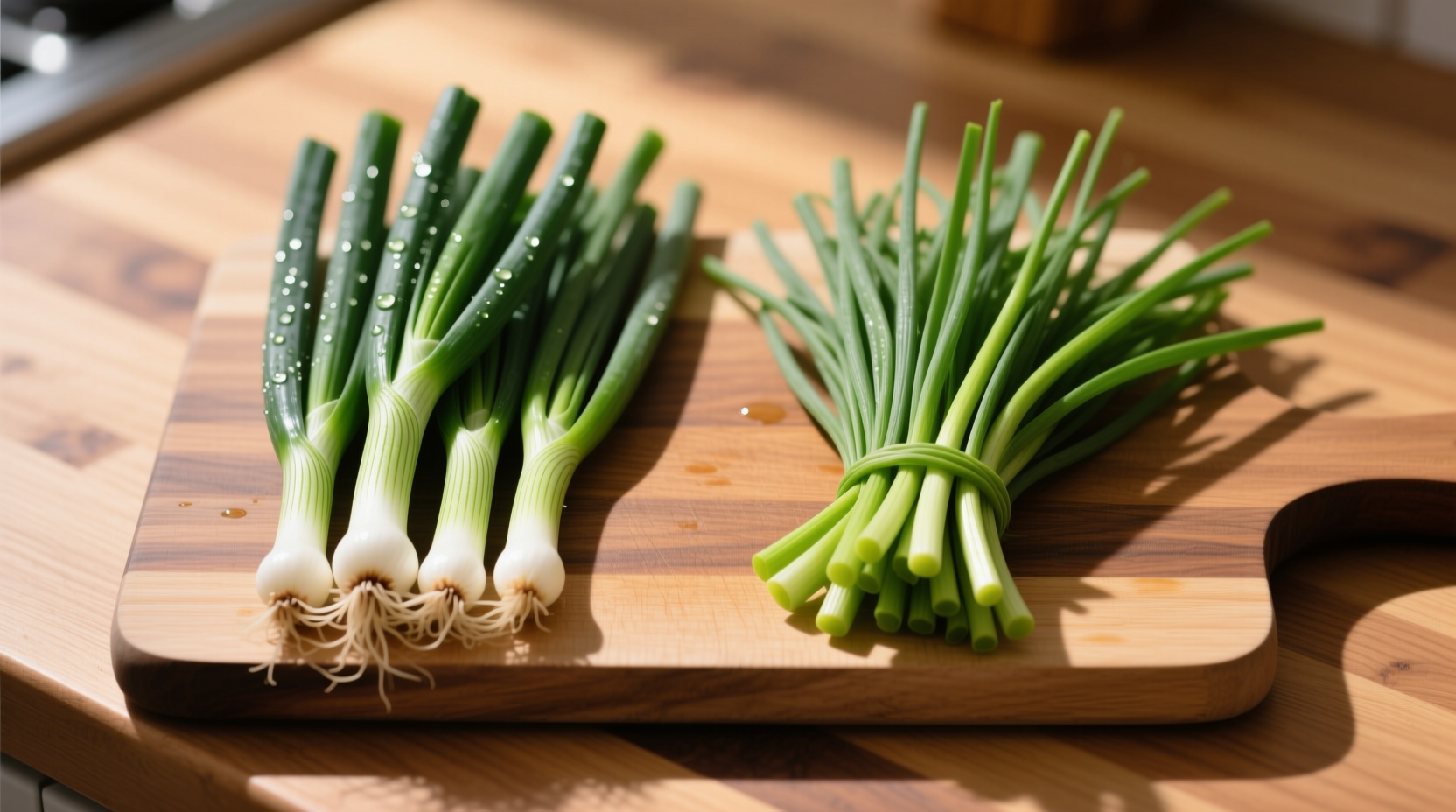 Side-by-side comparison of green onions and chives on cutting board