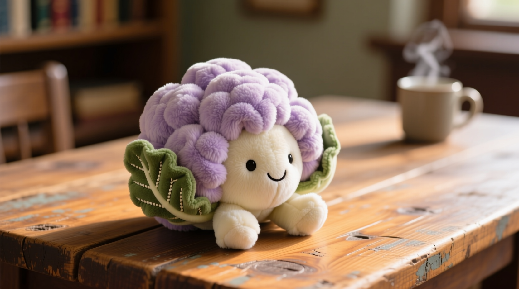 Close-up of Jellycat cauliflower plush toy on wooden table