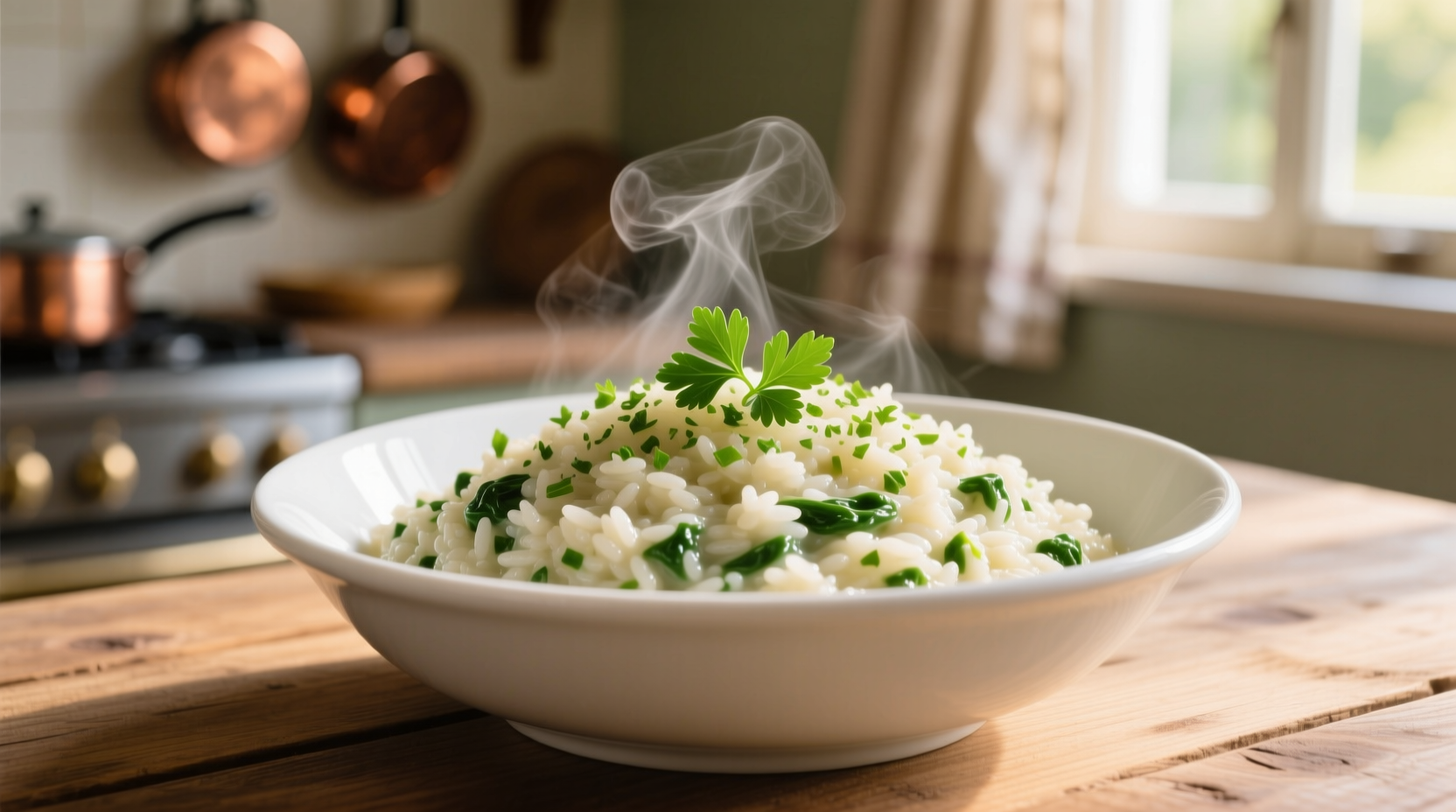 Creamy spinach risotto in white bowl with fresh parsley