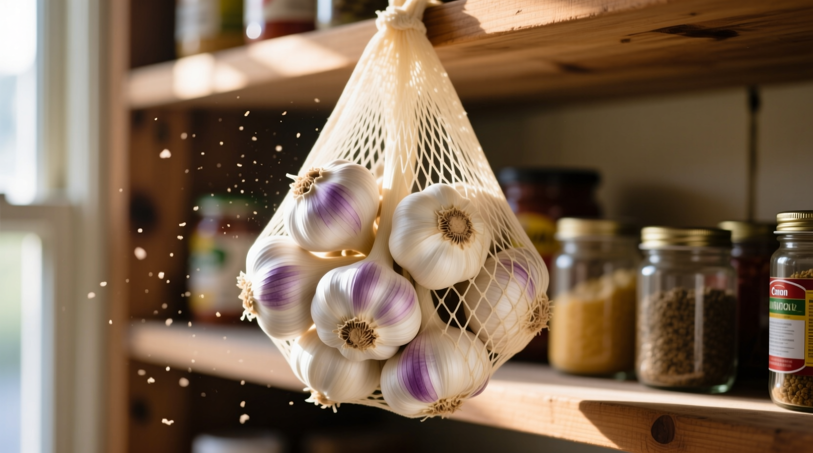 Garlic bulbs stored in mesh bag hanging in pantry