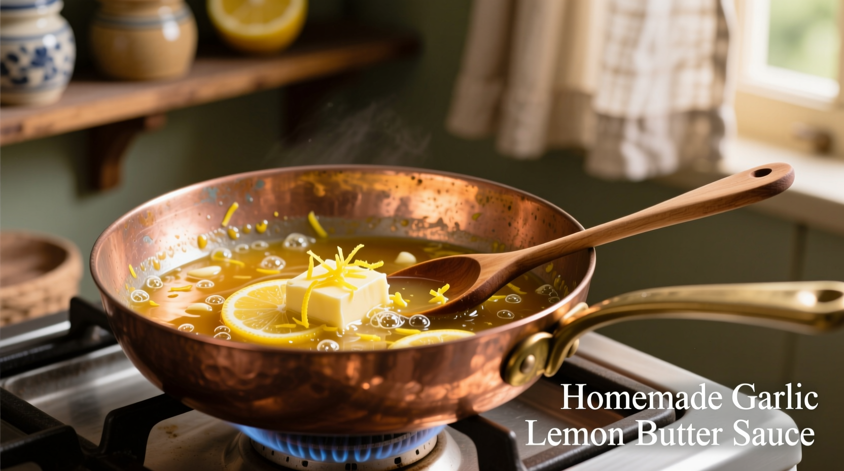 Homemade garlic lemon butter sauce in copper pan