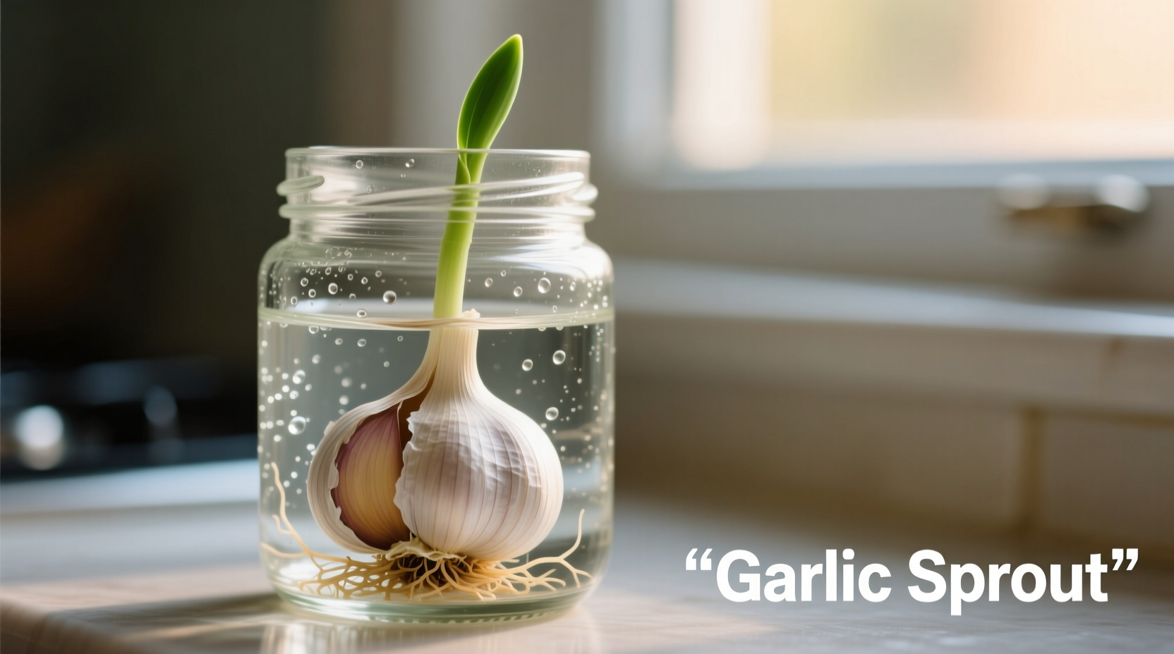 Garlic clove growing in water glass