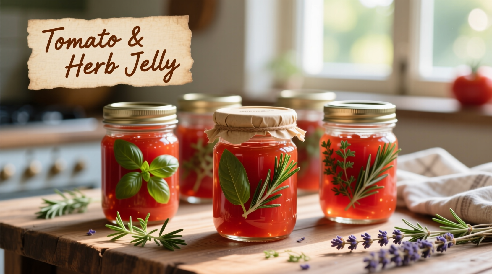 Fresh tomato jelly in mason jars with herbs