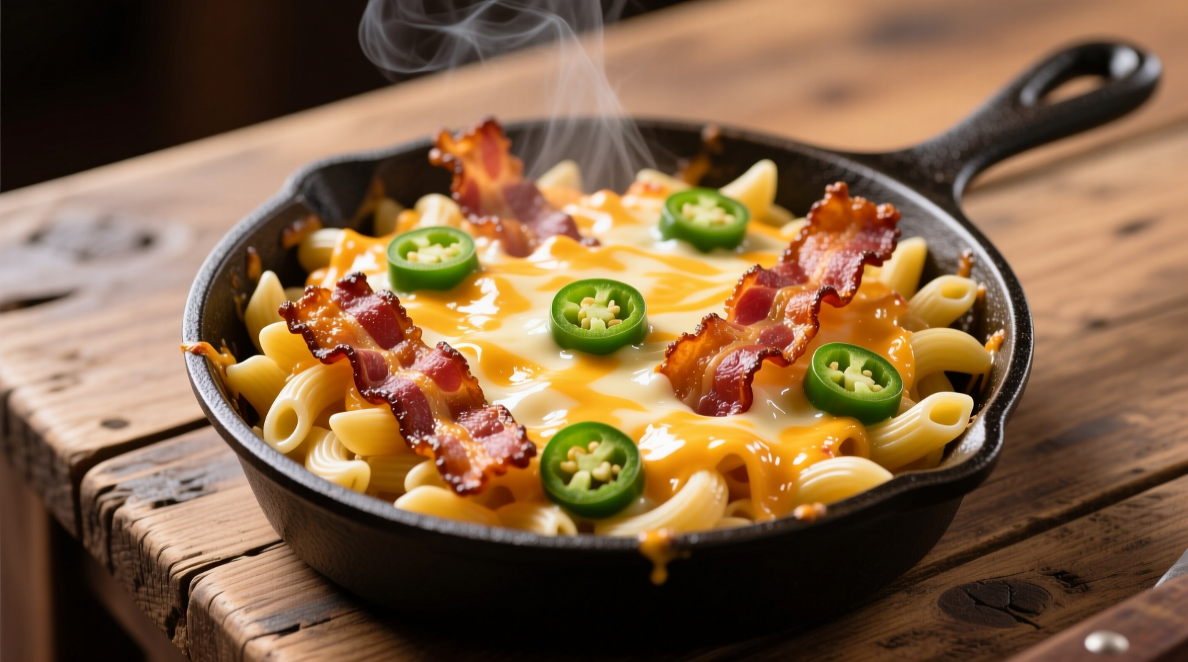 Bacon and jalapeño macaroni and cheese served in cast iron skillet with crispy edges
