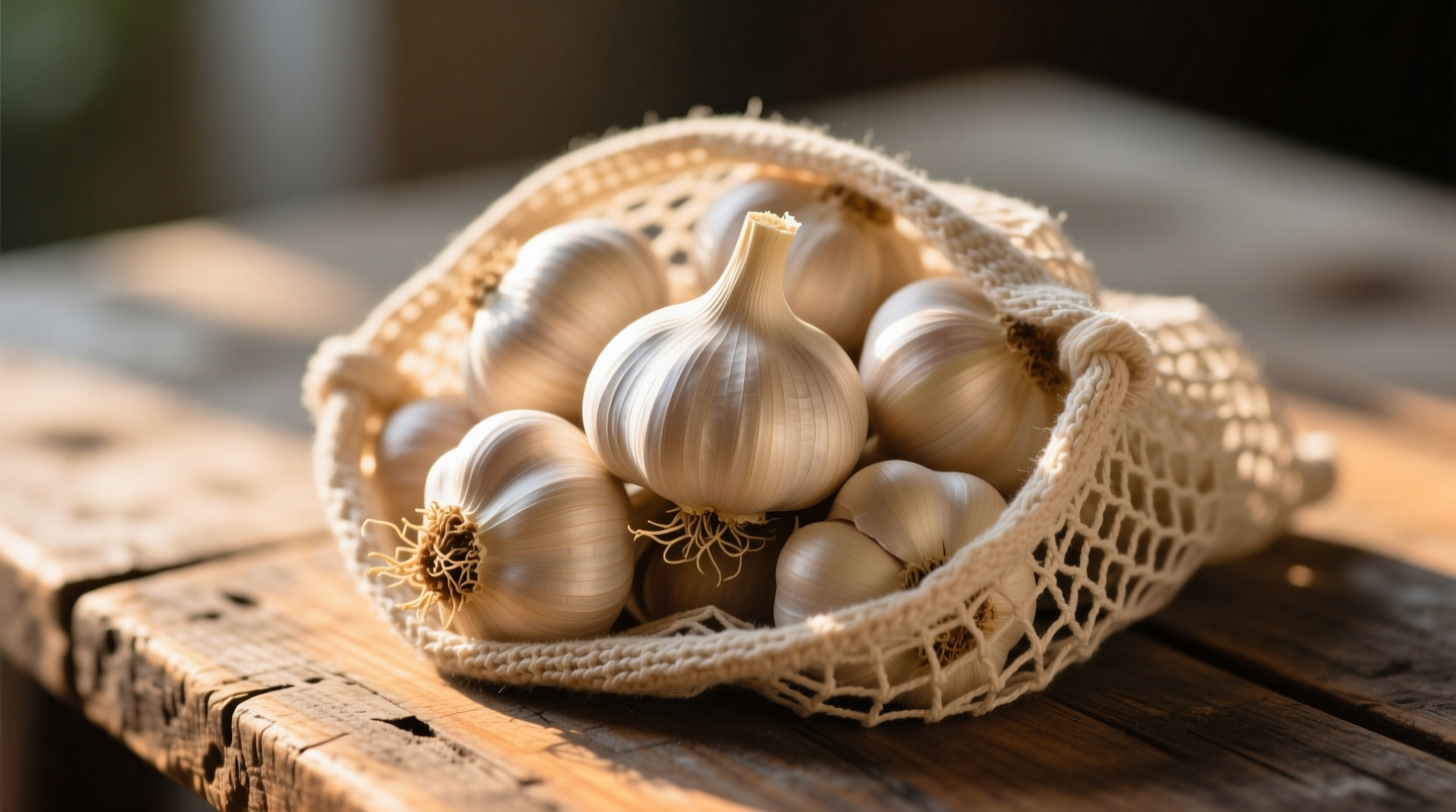 Garlic bulbs stored in mesh bag on wooden table