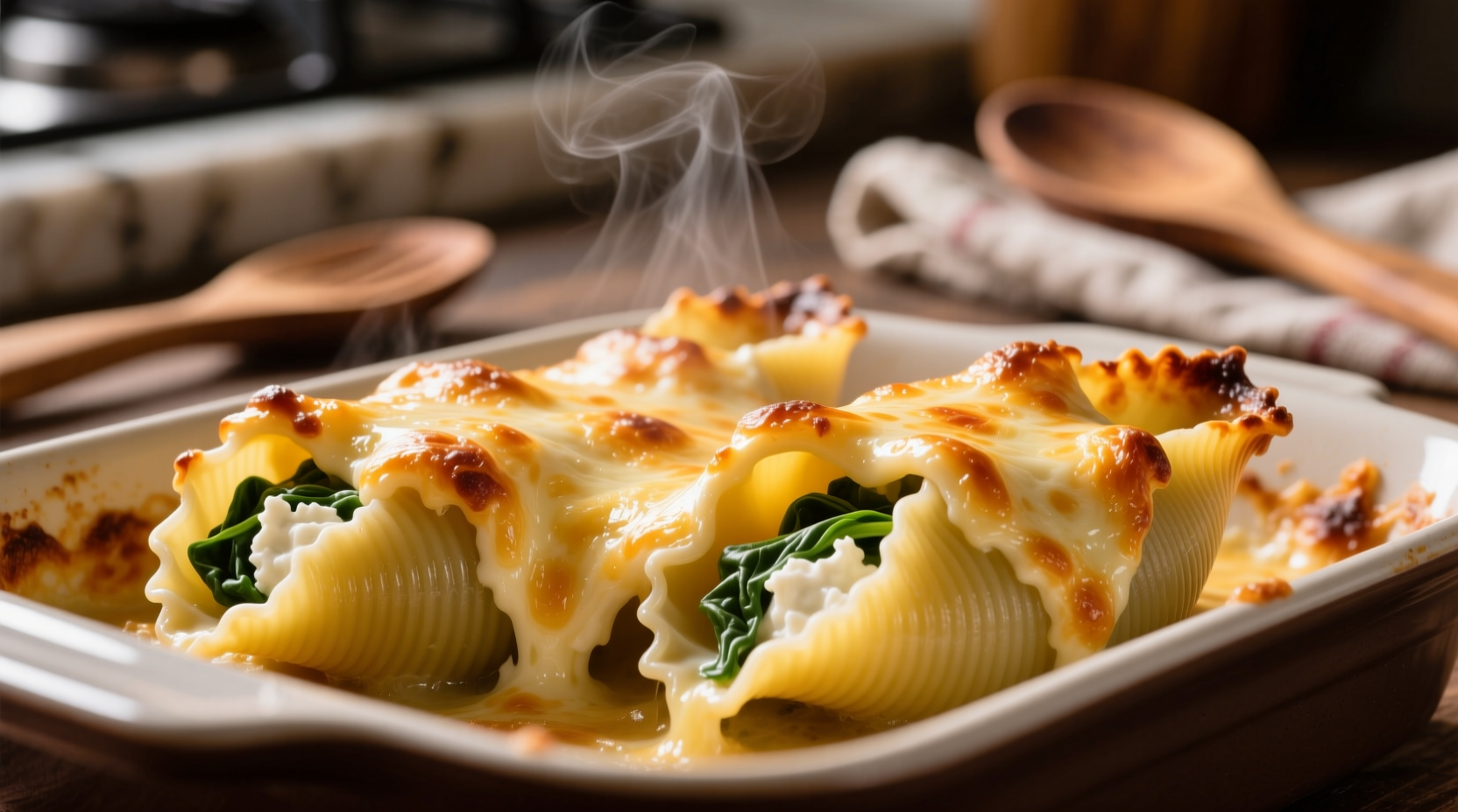 Baked stuffed shells with melted cheese topping