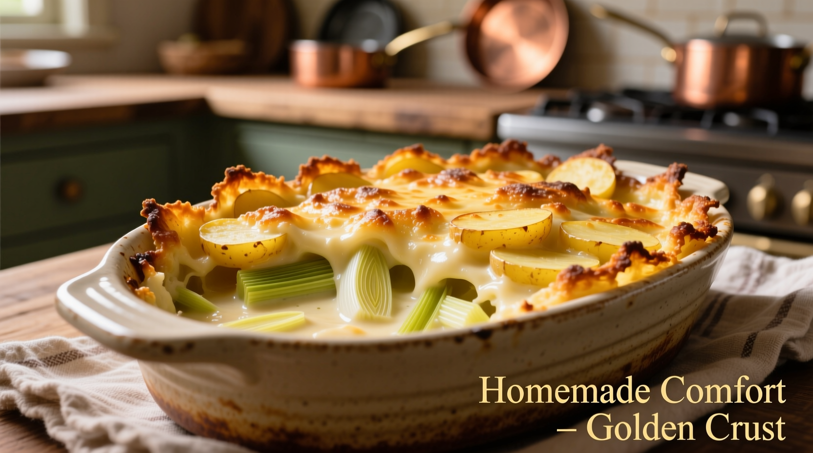 Golden potato leek casserole with crispy edges