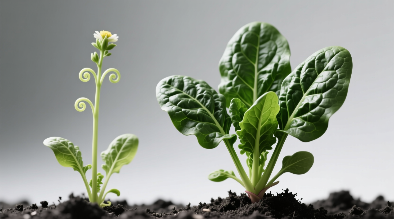 Side-by-side comparison showing healthy spinach leaves versus bolted spinach with flower stalks