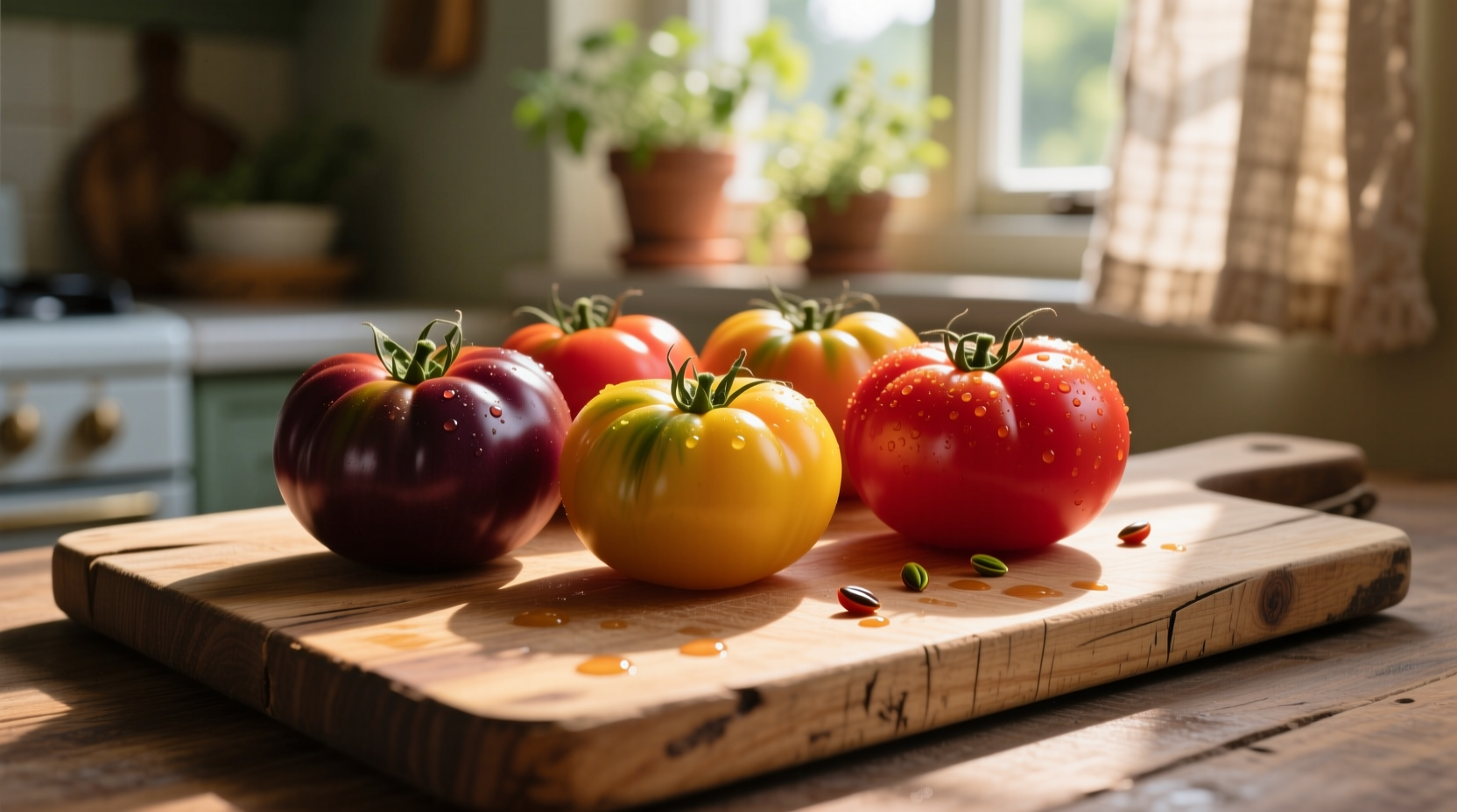 Ripe heirloom tomatoes on wooden cutting board