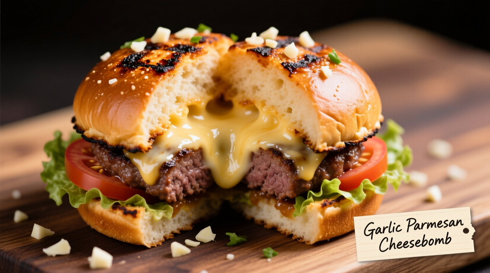 Garlic parmesan cheeseburger bombs with melted cheese center
