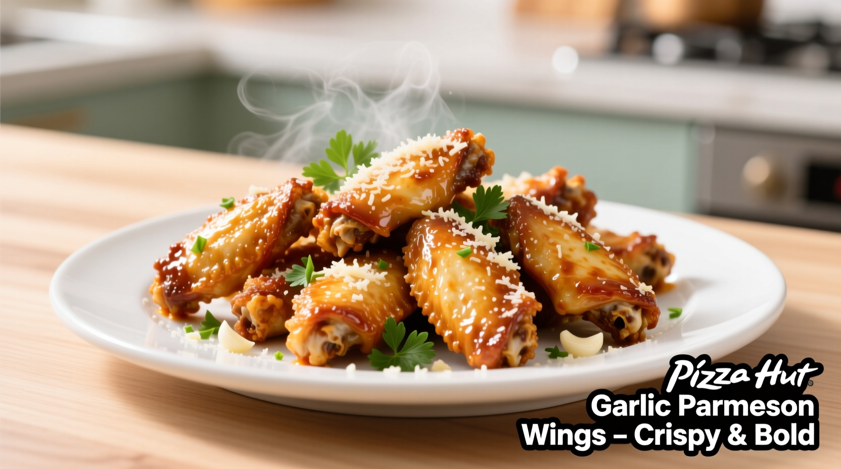 Crispy Pizza Hut garlic parmesan wings on white plate