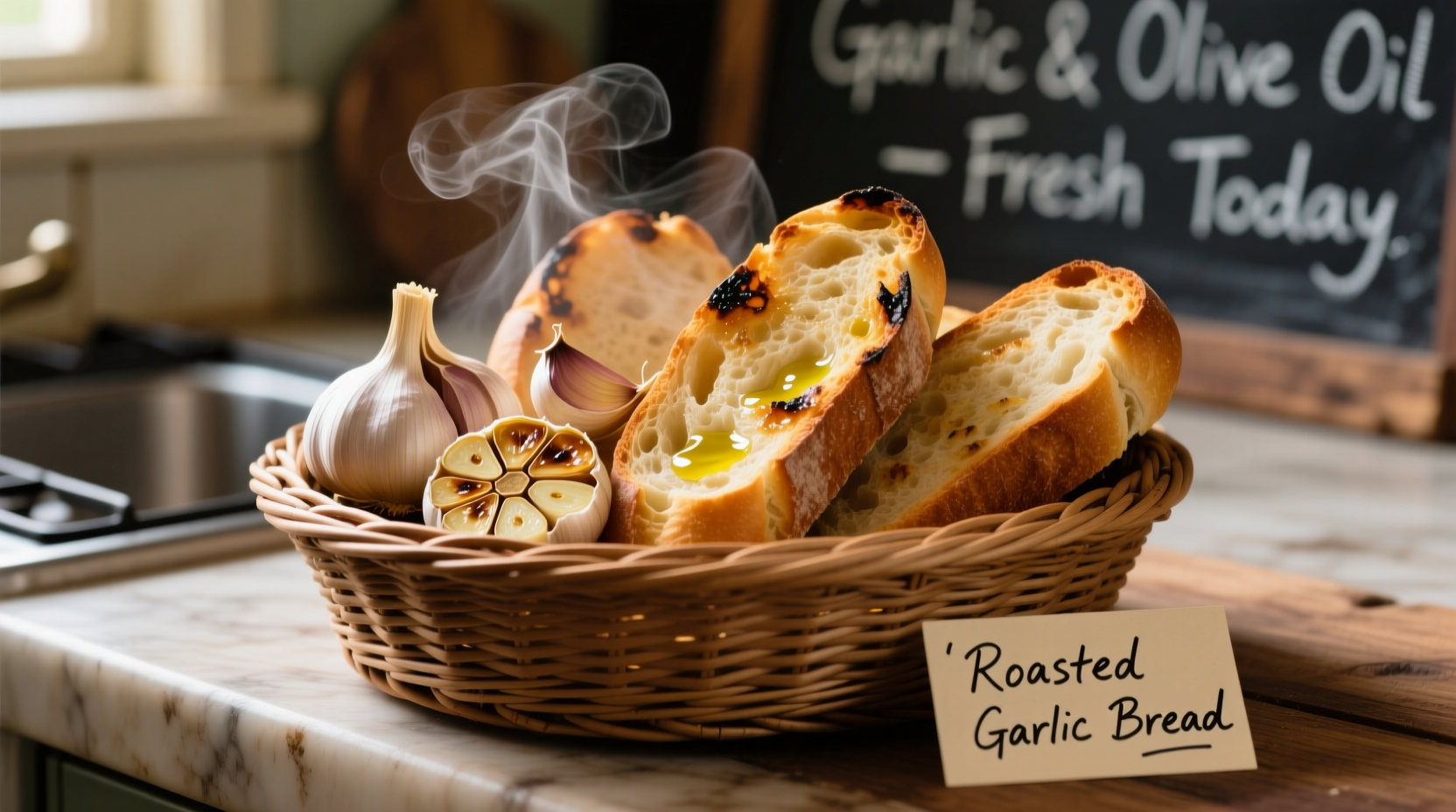 Knoblauchbrot-Korb mit gerösteten Knoblauchzehen