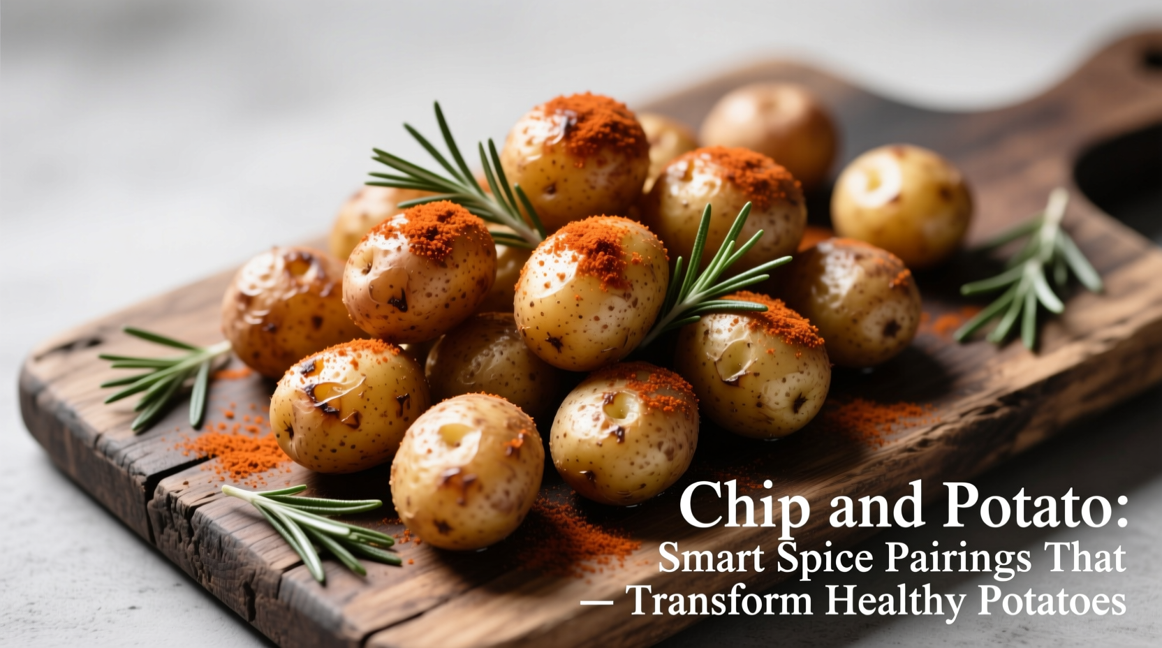 Overhead shot of roasted baby potatoes dusted with smoked paprika and fresh rosemary sprigs on a rustic wooden board