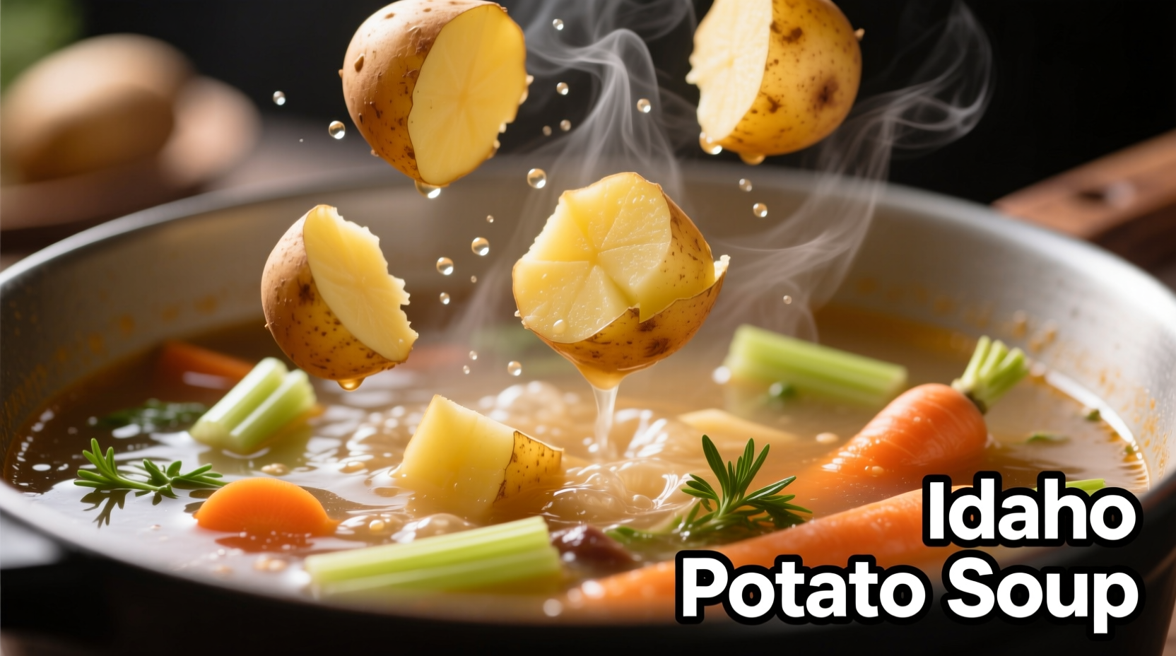 Idaho potato cubes being dropped into soup