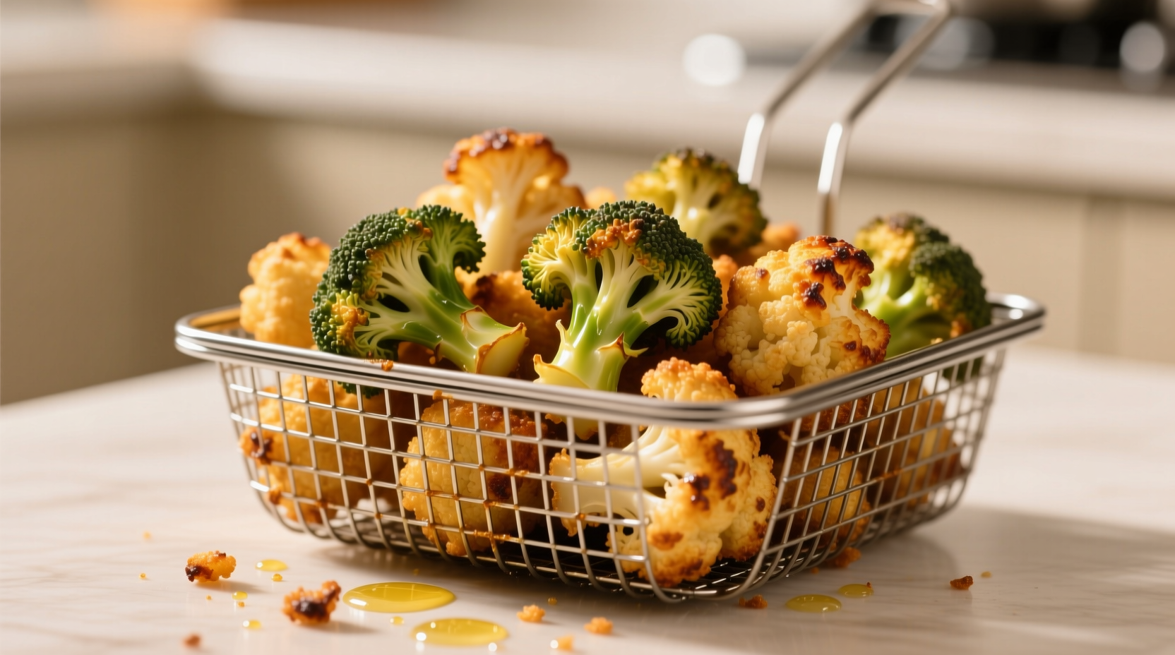 Crispy golden broccoli and cauliflower florets in air fryer basket