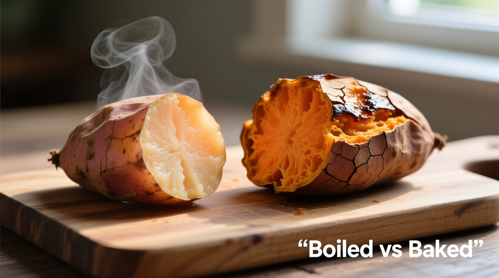 Boiled versus baked sweet potatoes side by side