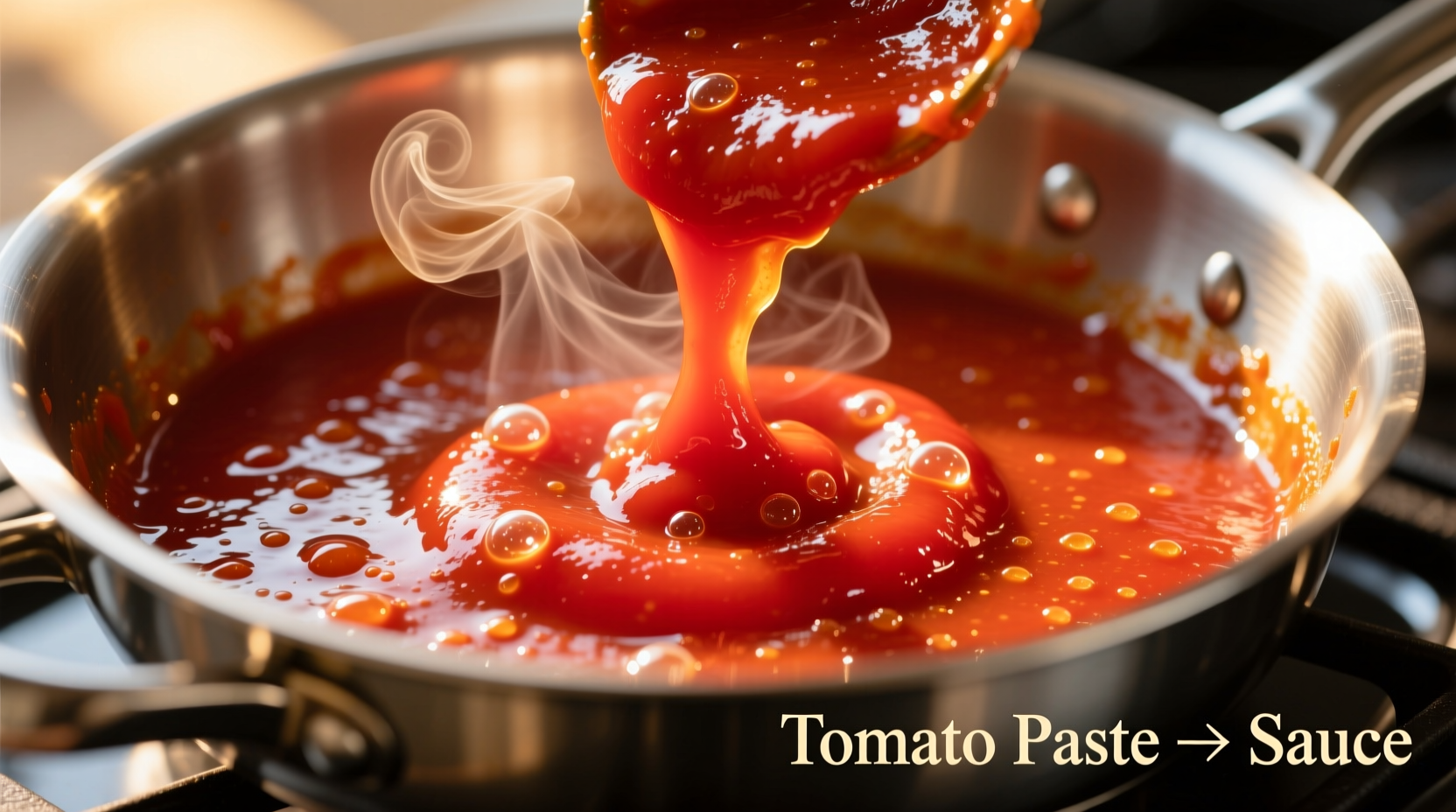 Tomato paste transforming into sauce in a saucepan