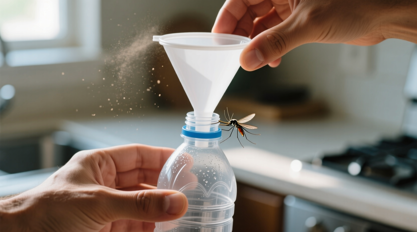 Hand assembling mosquito trap with bottle and funnel