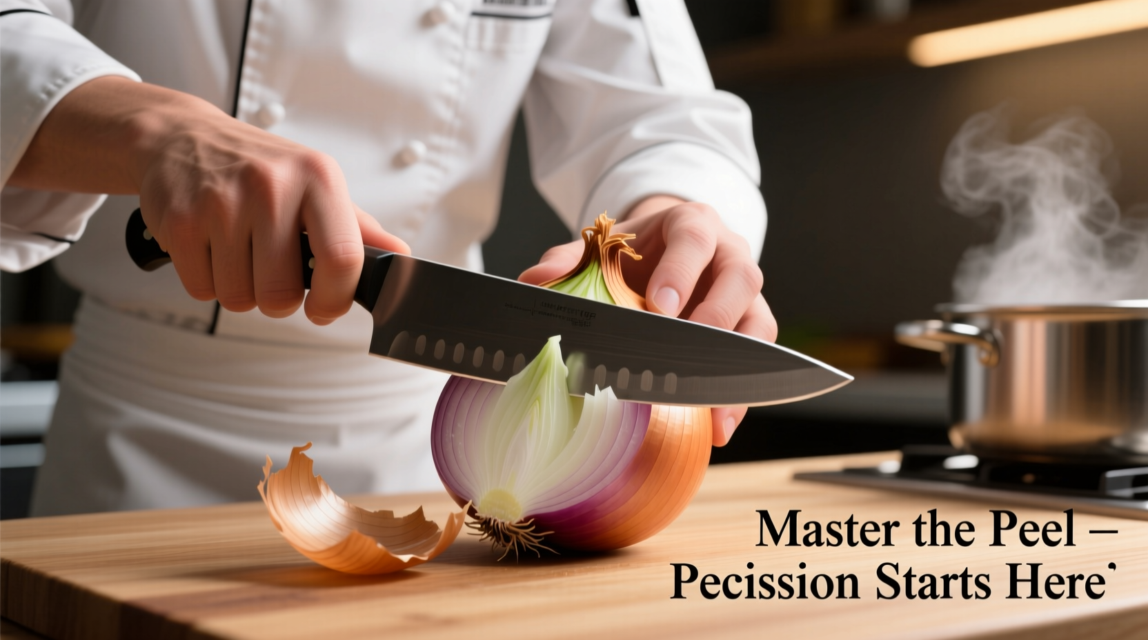 Chef demonstrating proper onion peeling technique with sharp knife