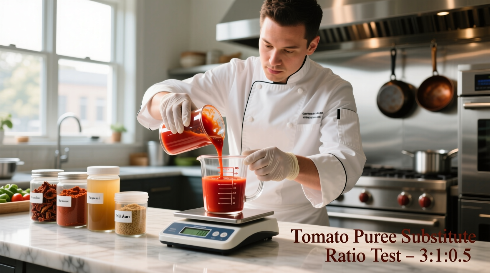 Chef measuring tomato puree substitute ratios in kitchen