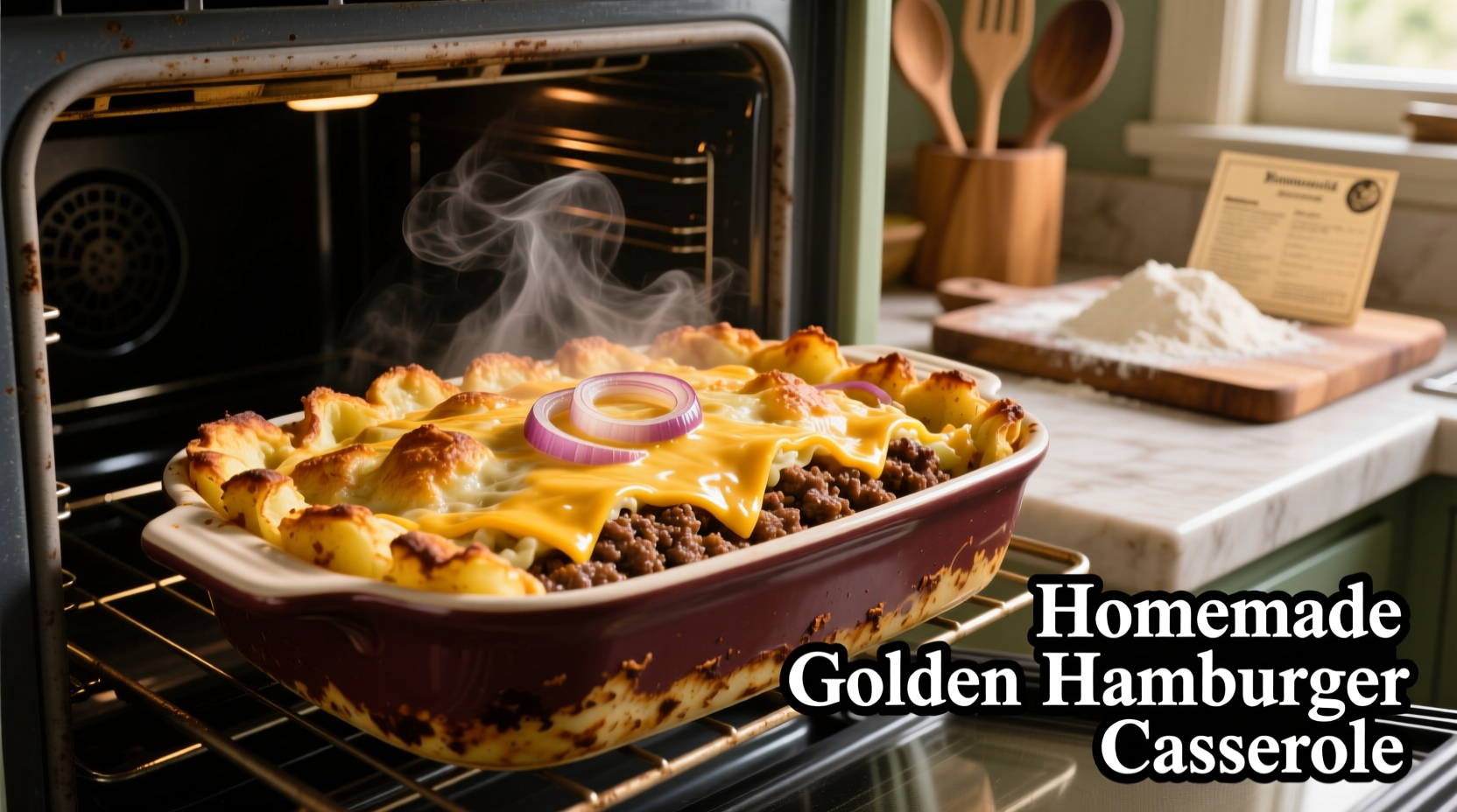 Golden potato hamburger casserole fresh from oven
