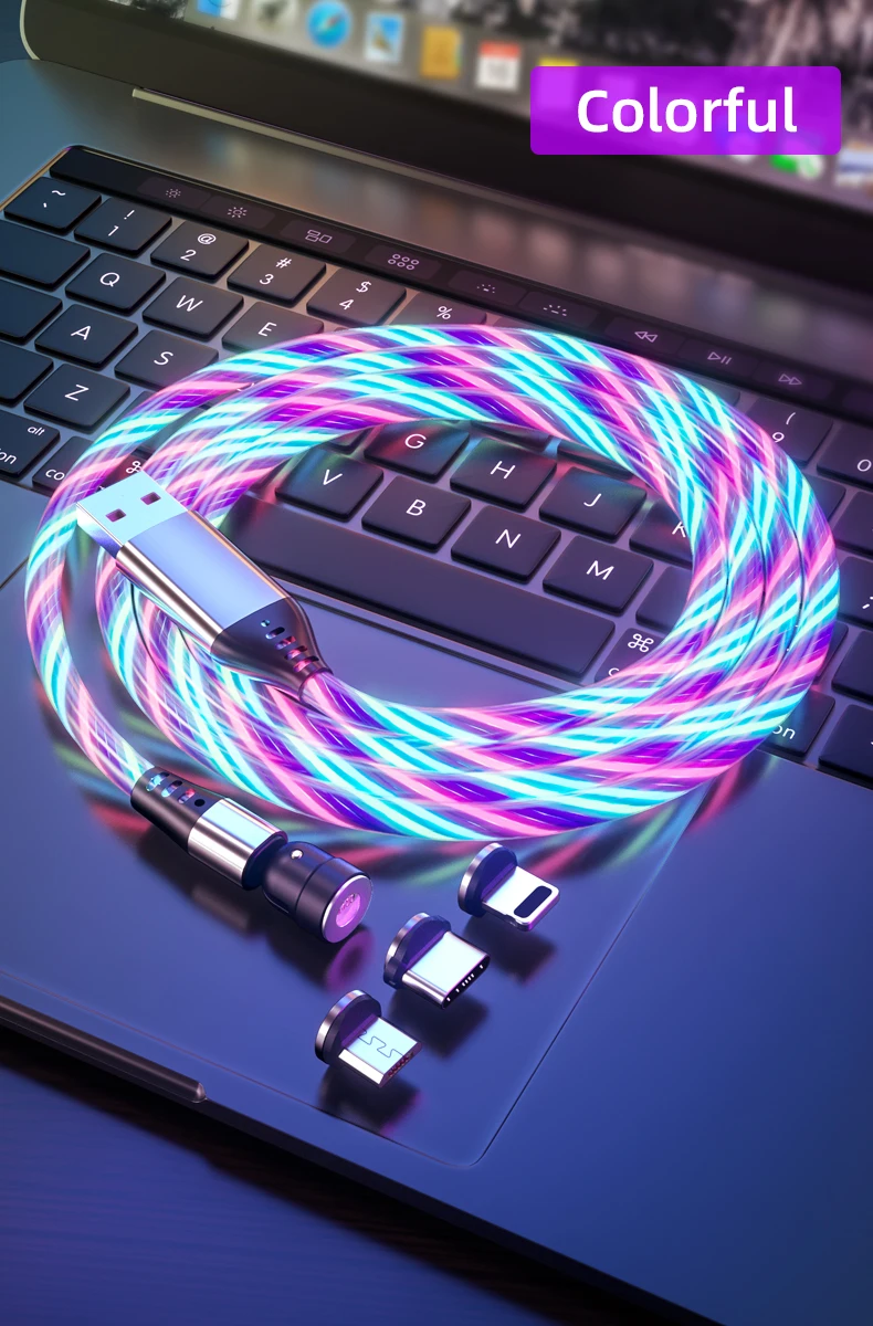 Manufacturer Luminous Magnetic usb cable Data Cable 3A Quick Charge Smart Wearable LED Flowing Light Competitive Price