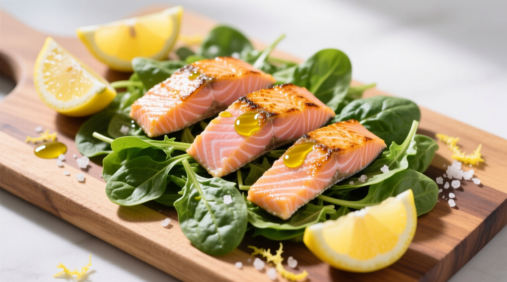 Fresh salmon spinach salad with lemon wedges